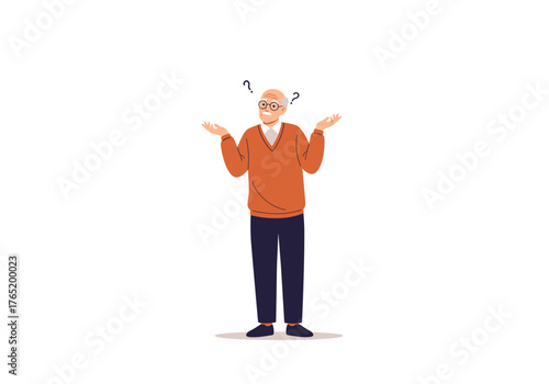 Confused elderly man shrugging his shoulders in frustration.