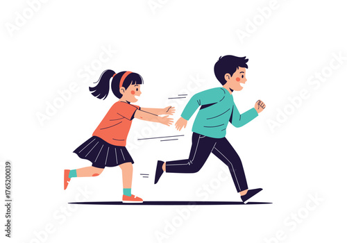 Two children playing tag, a boy running and a girl chasing him.