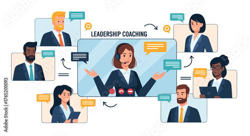 An illustration depicts a leadership coaching session with a diverse group of professionals connecting remotely via video conference, exchanging ideas.