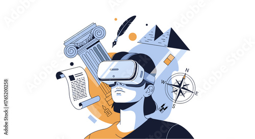 A person wearing a VR headset explores historical elements like columns, pyramids, scrolls, and a compass, showcasing virtual reality's educational potential.