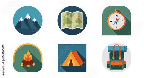 A set of colorful, flat-design camping and outdoor adventure icons, perfect for travel, hiking, and exploration concepts.