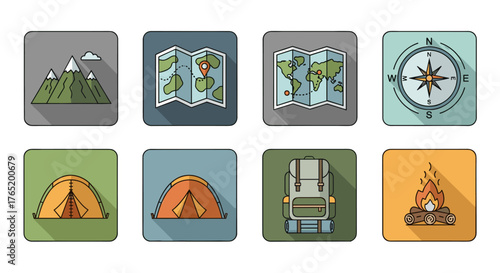 A collection of colorful, flat-design camping and travel icons, including maps, compass, tent, backpack, and campfire illustrations.