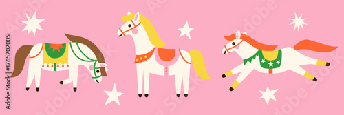 Set of Cute white horses with colourful saddle on pink. Hand drawn flat vector illustration. 2026 Lunar New year design. Cool farm element, kids poster, card, social media banner.