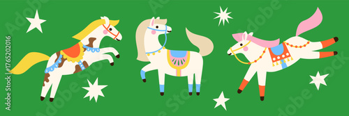 Set of Cute white horses with colourful saddle on green. Hand drawn flat vector illustration. 2026 Lunar New year design. Cool farm element, kids poster, card, social media banner.