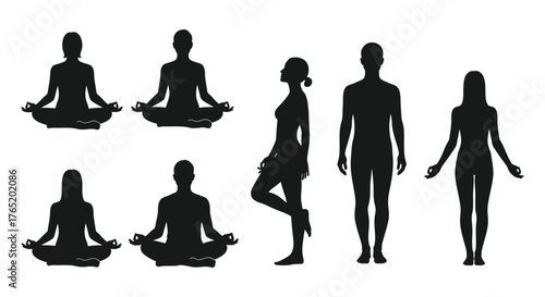 Silhouette of people in yoga poses, a diverse group of individuals practicing mindfulness