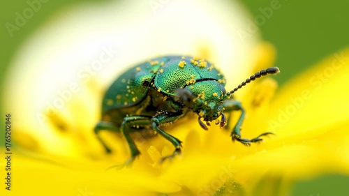 Wallpaper Mural A Stunning Emerald Green Beetle Crawling on a Vibrant Yellow Flower Petal in Macro Shot Torontodigital.ca
