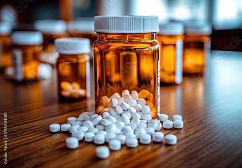 Pills spilled from amber bottle onto a wood table