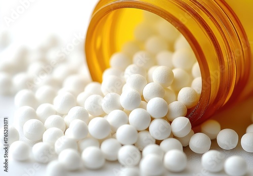 White pills spill from amber bottle on bright white surface