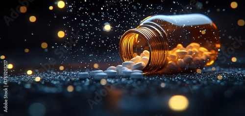 Pill bottle spills its contents amidst bokeh and dark space
