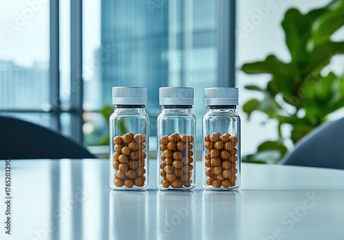 3 vials filled with brown spheres on a white surface