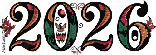 This symbolic tattoo art print emphasizes the '2026' typography in a classic black and white Vector silhouette on a white background, utilizing vibrant colors and ornate patterns for an elegant.