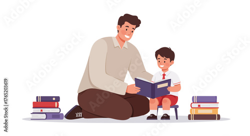 a male teacher sitting beside a young student, helping the student read a book.