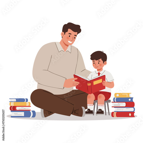 a male teacher sitting beside a young student, helping the student read a book.