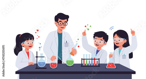 a science teacher demonstrating a small chemical experiment in a school lab. 