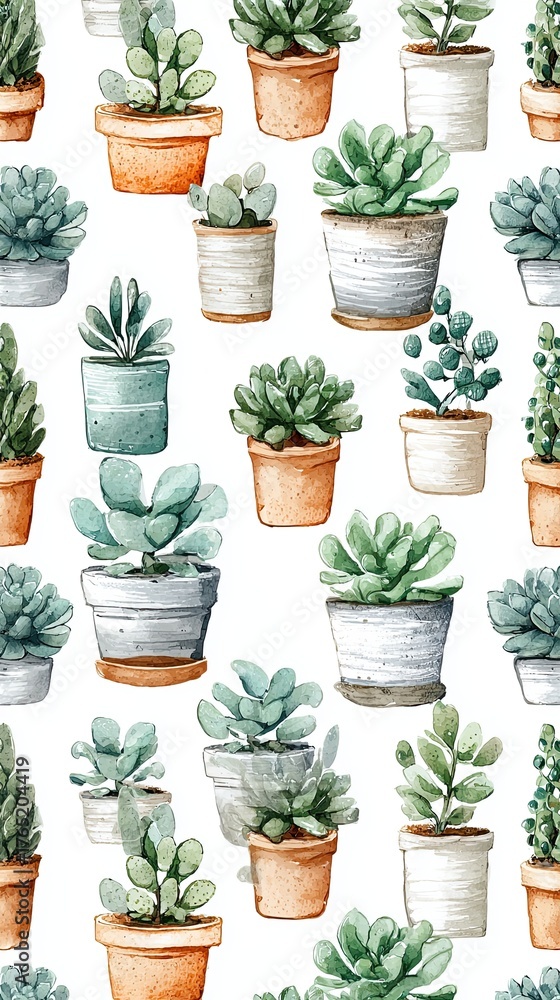 Fototapeta premium A vibrant, patterned design featuring various succulent plants in decorative pots, showcasing a mix of greens and earthy tones.