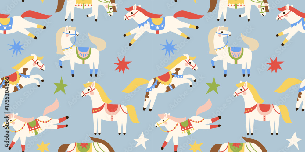 Fototapeta premium Seamless pattern with Cute white horses with colourful saddle. Hand drawn flat vector illustration. 2026 Lunar New year design. Cool farm background, kids poster, card, social media banner.