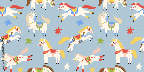 Seamless pattern with Cute white horses with colourful saddle. Hand drawn flat vector illustration. 2026 Lunar New year design. Cool farm background, kids poster, card, social media banner.