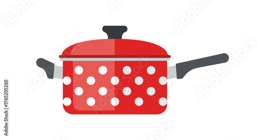 A bright red cooking pot with white polka dots and black handles.
