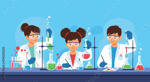 Children conducting science experiments in a laboratory setting.