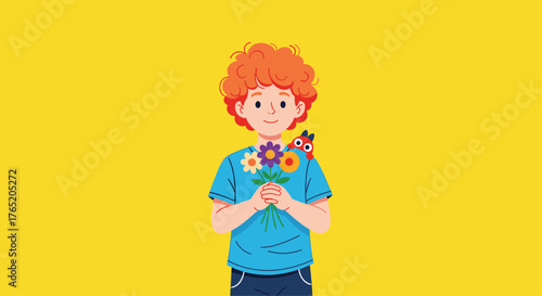 A young boy holding a bouquet of colorful flowers with a small creature on his shoulder.