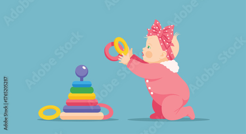 A baby girl plays with stacking rings and a colorful toy tower.