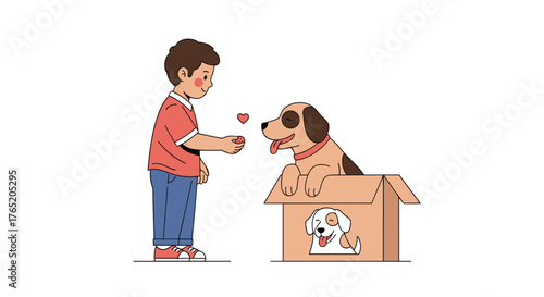 A boy is giving a dog a treat while the dog is sitting in a box.
