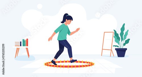 A young girl carefully steps through a hula hoop on the floor.