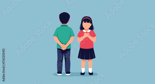 Two young children standing back to back with one showing concern.