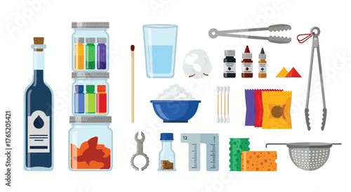 Scientific experimentation with colorful liquids and equipment.