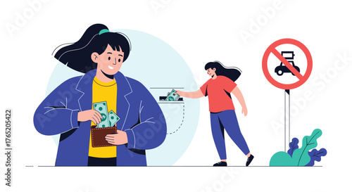 Woman putting money into wallet while another person hands out cash near a no parking sign.