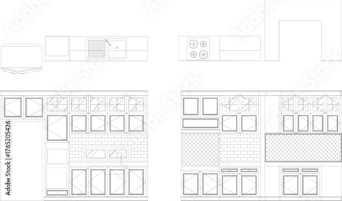 2D Interior Design Drawing of Kitchen Pantry Front View with Built-in Wall Cabinets and Counter in Modern Luxury Style