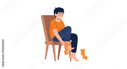 A young man sits on a chair and tries to put on his socks.