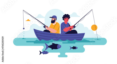 Two friends fishing together in a boat on a sunny day.