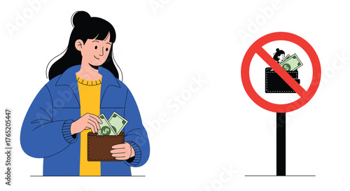 A person is taking money from a wallet next to a no cash symbol.