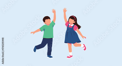 Two happy children waving their hands up in the air while dancing joyfully.