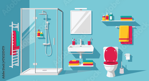A modern bathroom with a walk-in shower toilet and sink.