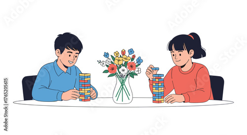 Two children are building towers with blocks together.