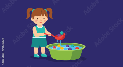 A little girl enjoys scooping colorful balls from a tub of water.