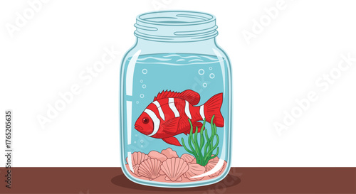 A single red and white striped fish swims in a clear glass jar filled with blue water and green aquatic plants.