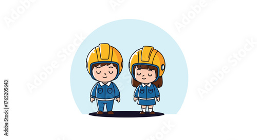 Two cartoon children wearing safety helmets and blue work jackets stand with their eyes closed.