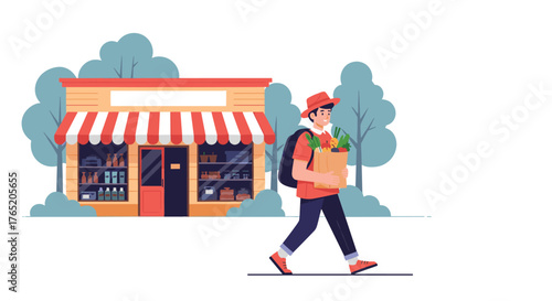 A delivery person walks from a grocery store with a bag of food.