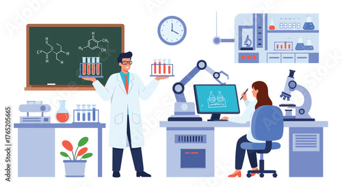 Two scientists conducting a chemistry experiment in a modern laboratory with robotic arm.