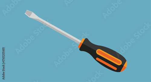 A flat head screwdriver with a black and orange handle is isolated on a blue background.