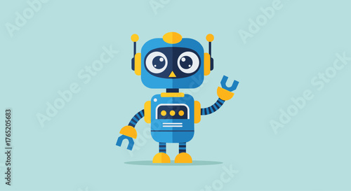 A friendly blue robot waves hello on a light blue background.