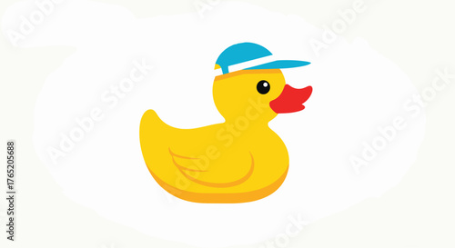 A cute yellow duck wearing a blue baseball cap.