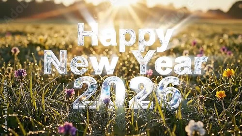 Clear Crystal Happy New Year 2026 Text in a Sunny Field of Flowers
