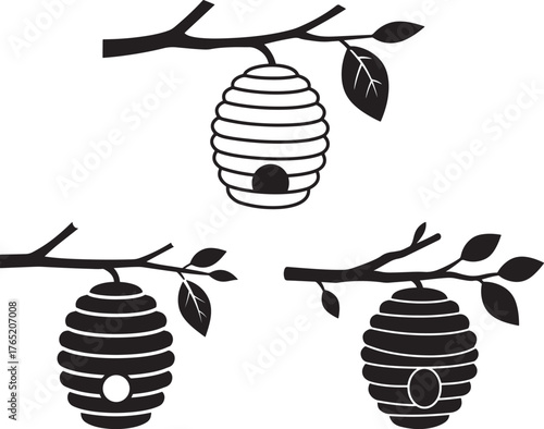 Three beehives hanging from branches silhouette