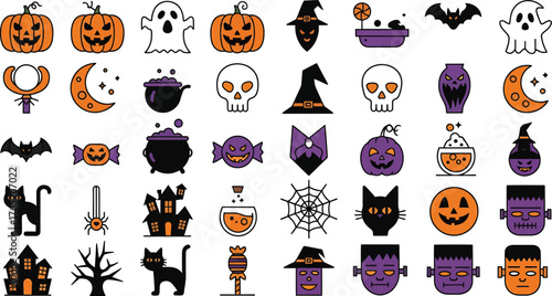 Collection of halloween icons and symbols including pumpkins ghosts skulls bats and haunted houses isolated on transparent background