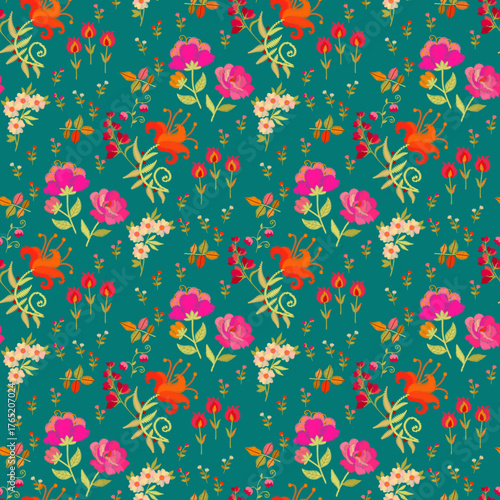 Delightful botanical all over print with vibrant red and pink flowers and tiny buds on an emerald background. Beautiful floral embroidery. Seamless fabric print.