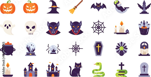 Collection of halloween icons and symbols including pumpkins ghosts skulls bats witches hats and more isolated on transparent background